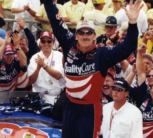 Dale Jarrett celebrates winning the 1999 Brickyard 400... (credit - Indianapolis Motor Speedway) 