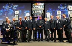 Living Legends - NASCAR Hall of Famers Leonard Wood, Maurice Petty, Junior Johnson, Dale Inman, Ned Jarrett, Dale Jarrett, Richard Petty, Bud Moore, Jack Ingram, Rusty Wallace, Bobby Allison, and Darrell Waltrip pose during the NASCAR Hall of Fame induction ceremony at NASCAR Hall of Fame. (credit - Jared C Tilton/Getty Images for NASCAR) 