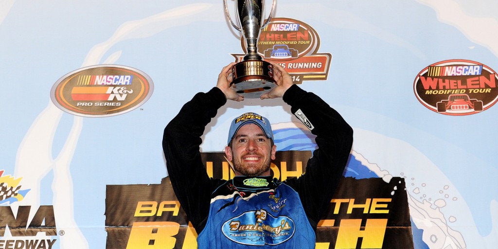 Doug Coby celebrates in victory lane after winning the NASCAR Whelen Modified - Whelen Southern Modified Tours UNOH Battle at the Beach race at Daytona International Speedway (photo - Patrick Smith/Getty Images for NASCAR)
